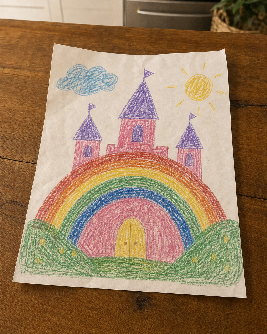 Before cleanup upload photo of a child's rainbow castle artwork