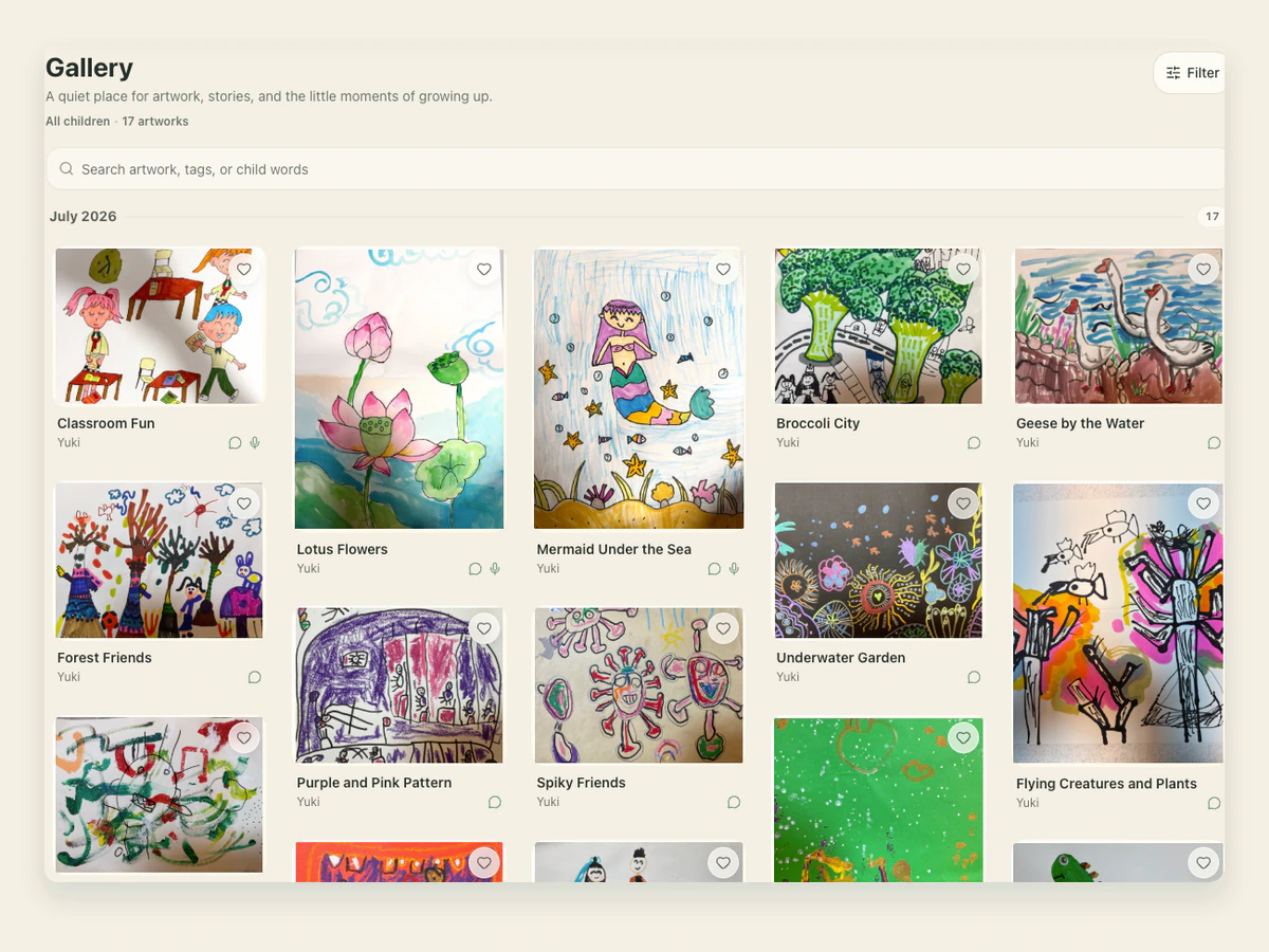 Kinfolo Gallery showing children's artwork organized by date with titles and family notes