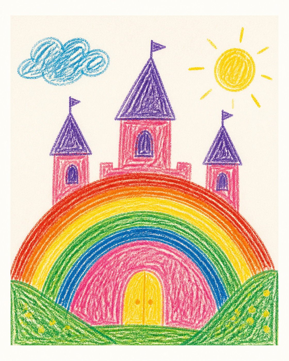 Cleaned gallery-ready rainbow castle artwork after Kinfolo organization